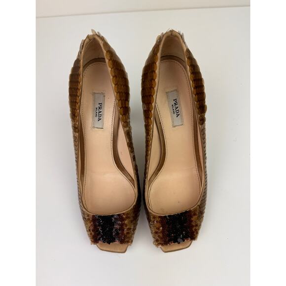 PRADA Womens Bronze Brown Metallic Sequin Peep Toe Pumps High Heels EU 35 - Picture 5 of 12
